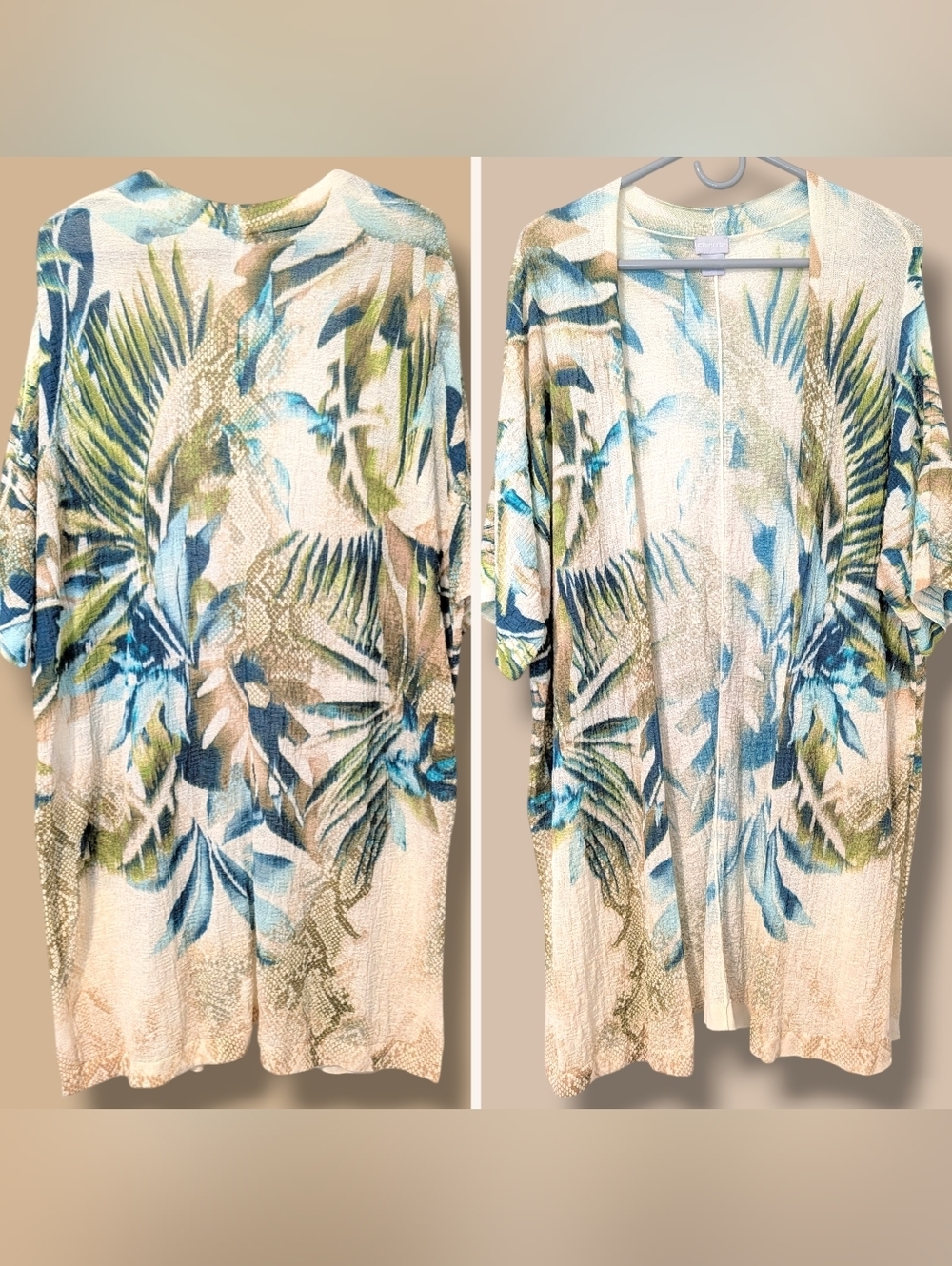 Chico's Blue Green Tropical Cotton Gauze Open Front Cardigan XXL Resortwear